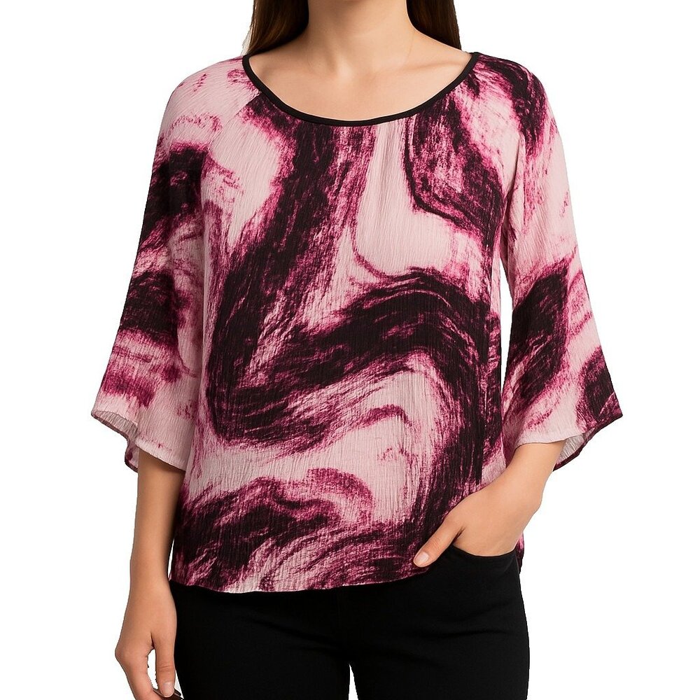 Dana Buchman L Blouse Top Pleated Abstract Print Pink Black Stretch Boho Work